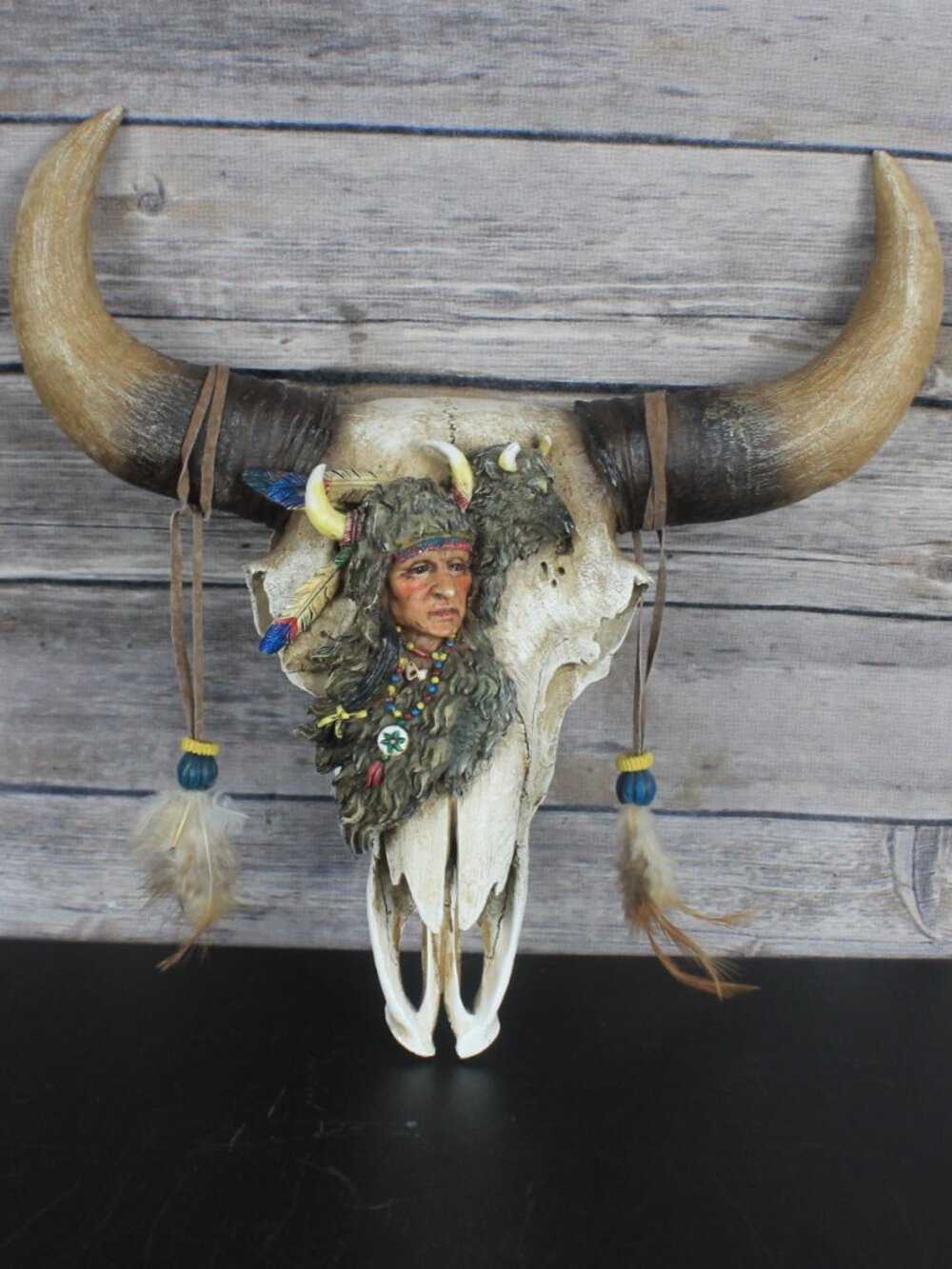 Native American Style Buffalo Skull Wall Decor Sculpture Chief Headdress